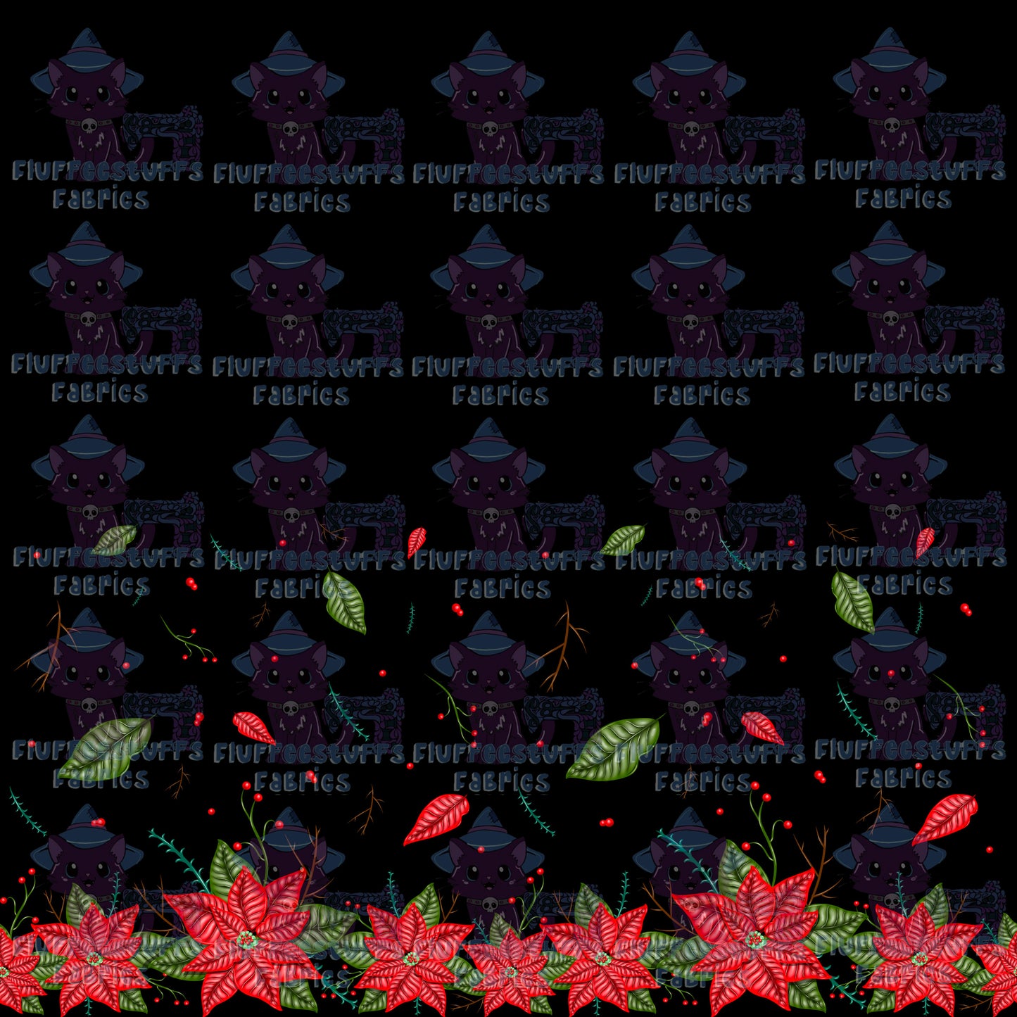 Border Print Poinsettias Black