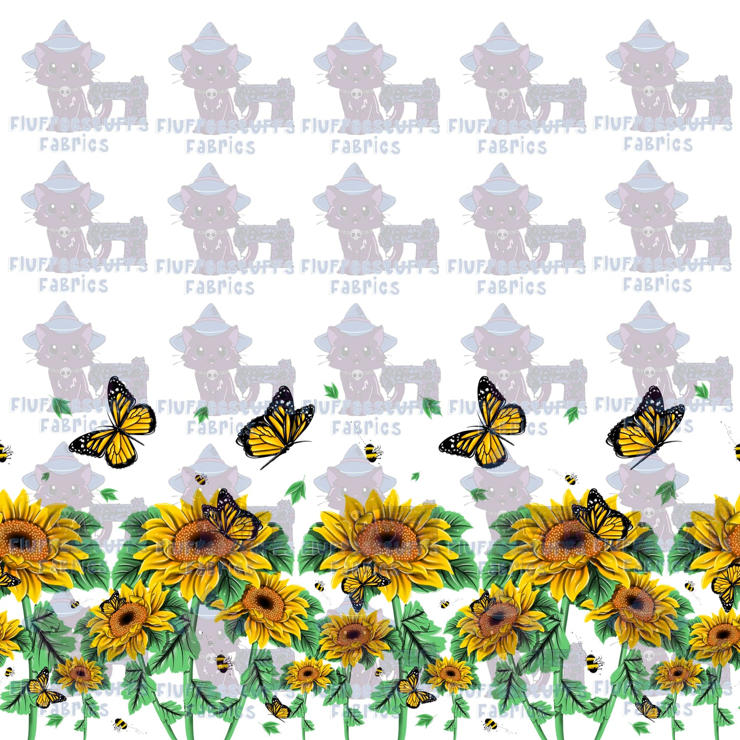 Border Sunflowers and Butterflies White