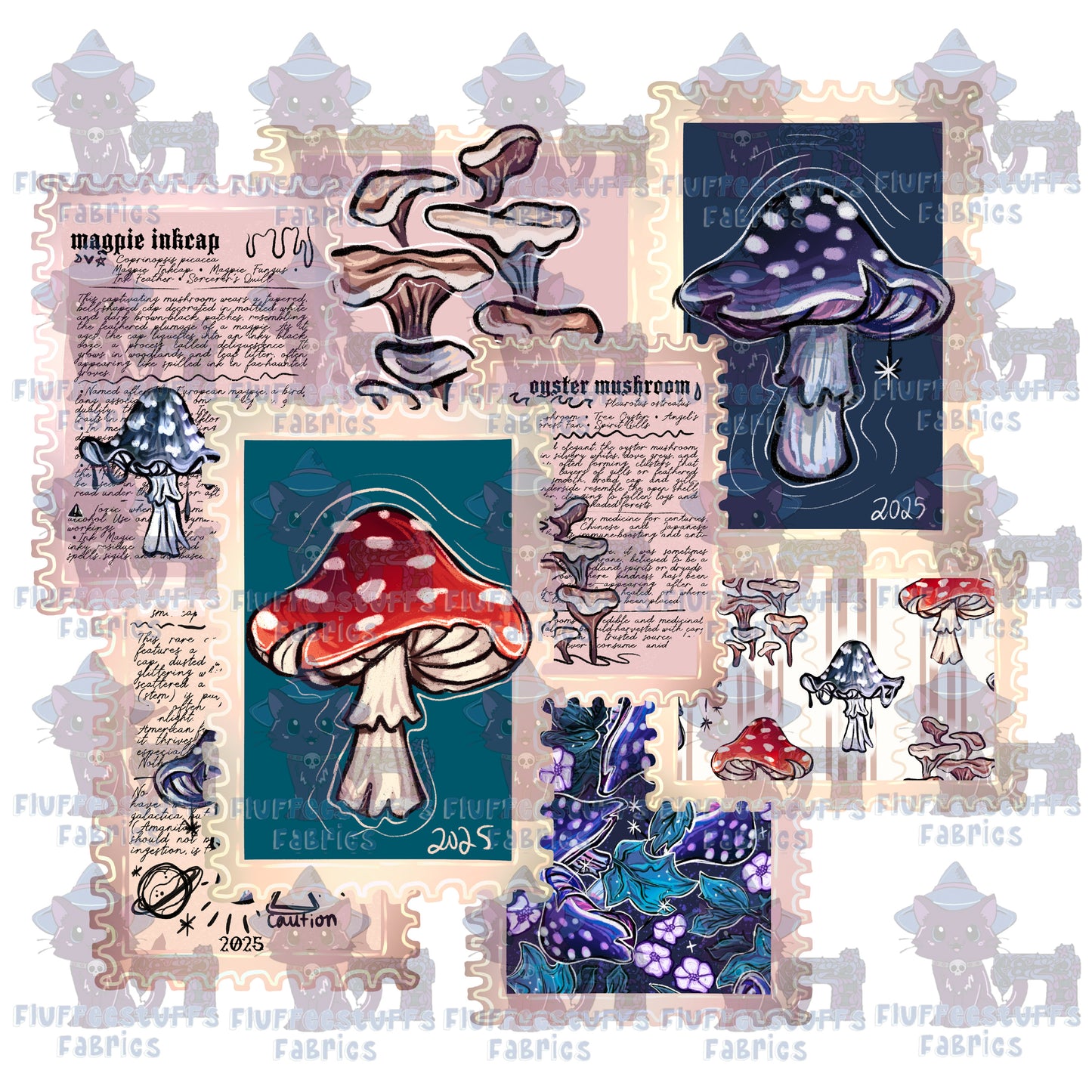 Panel Vintage Mushroom Stamps