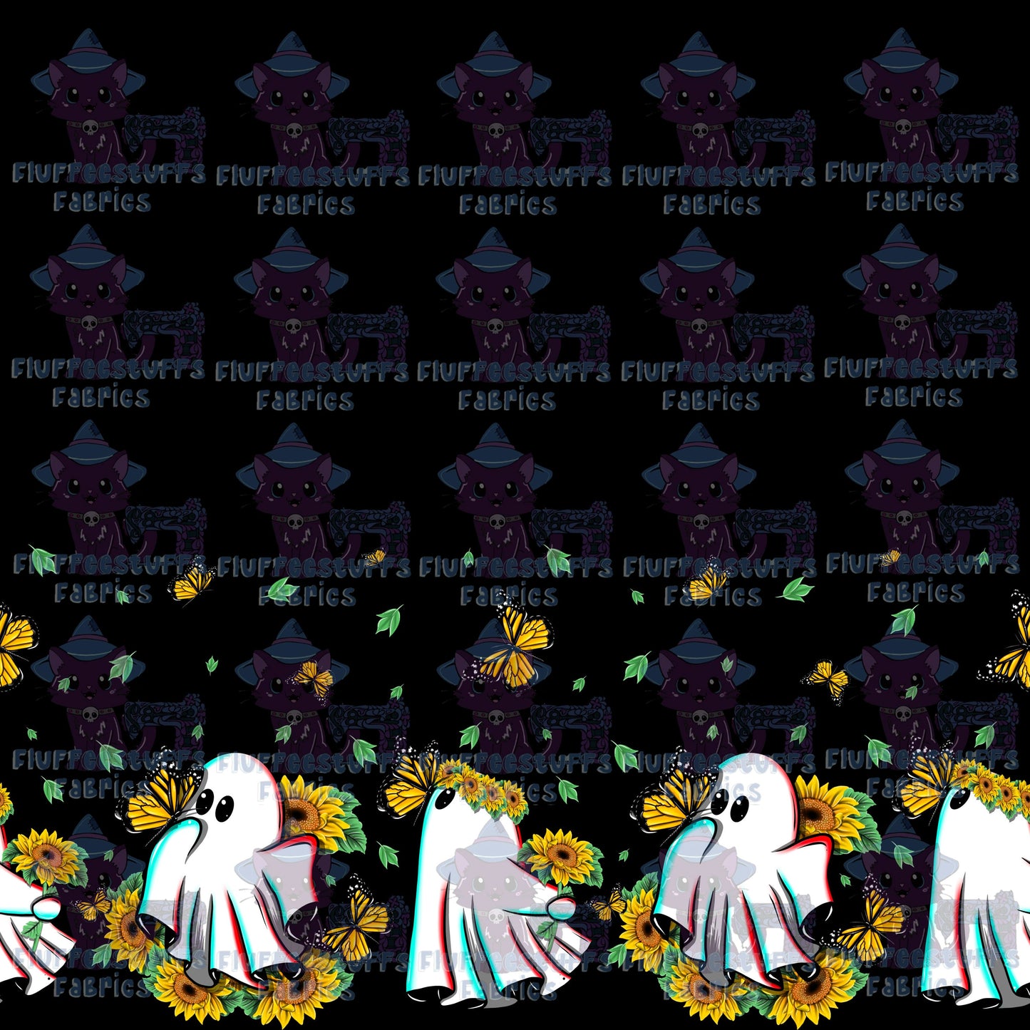 Border Print Sunflower Ghosts Black